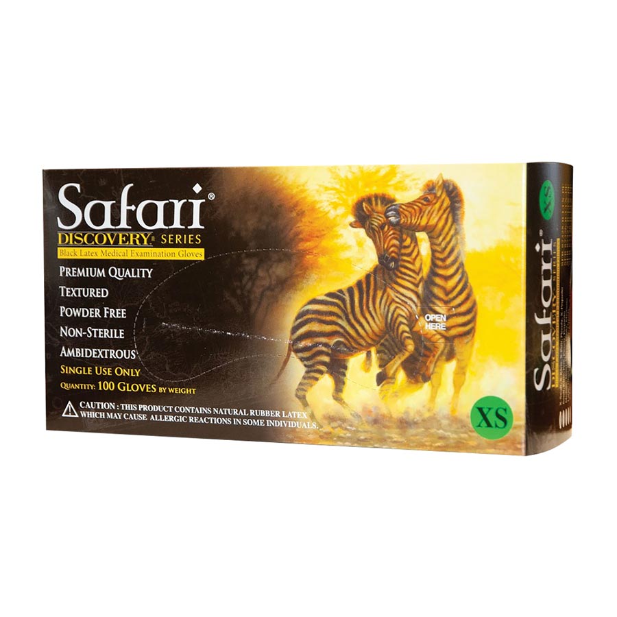 Safari Latex Exam Gloves | Medium 100/box Black Color Powder-Free Textured Beaded Cuff thumbnail 2