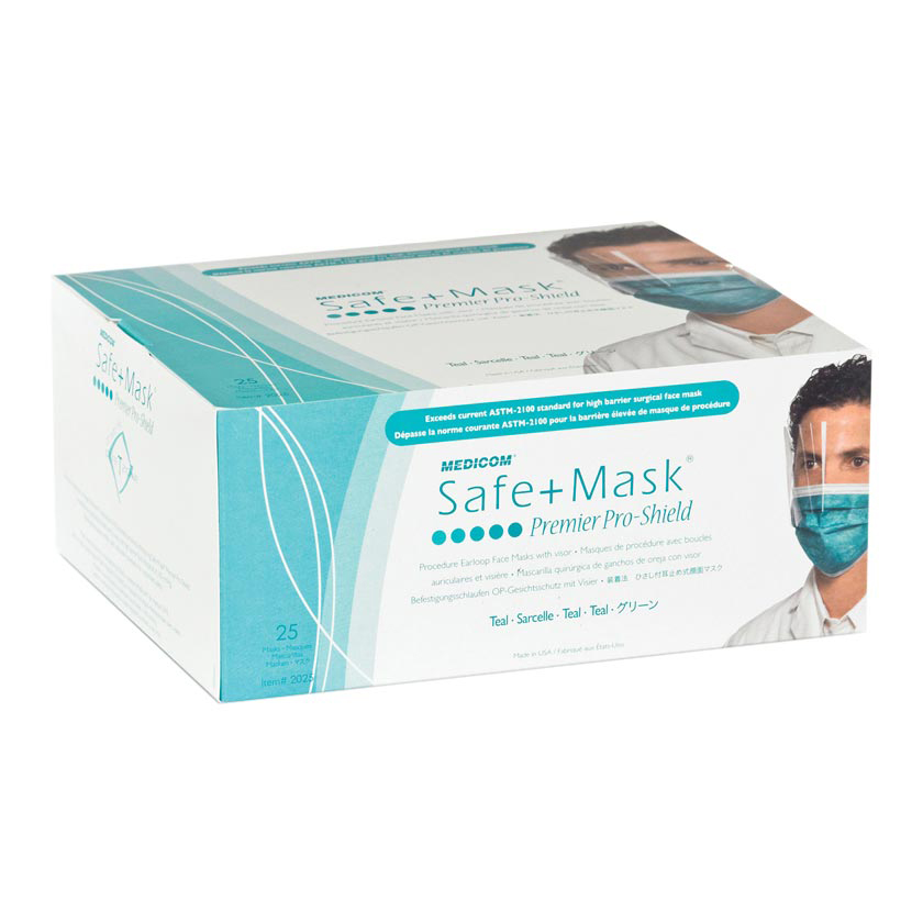 SafeMask Premier Elite ProShield Procedure Earloop Face Mask, with Visor, ASTM Level 3, Teal, 25/Box, 2025 thumbnail 4