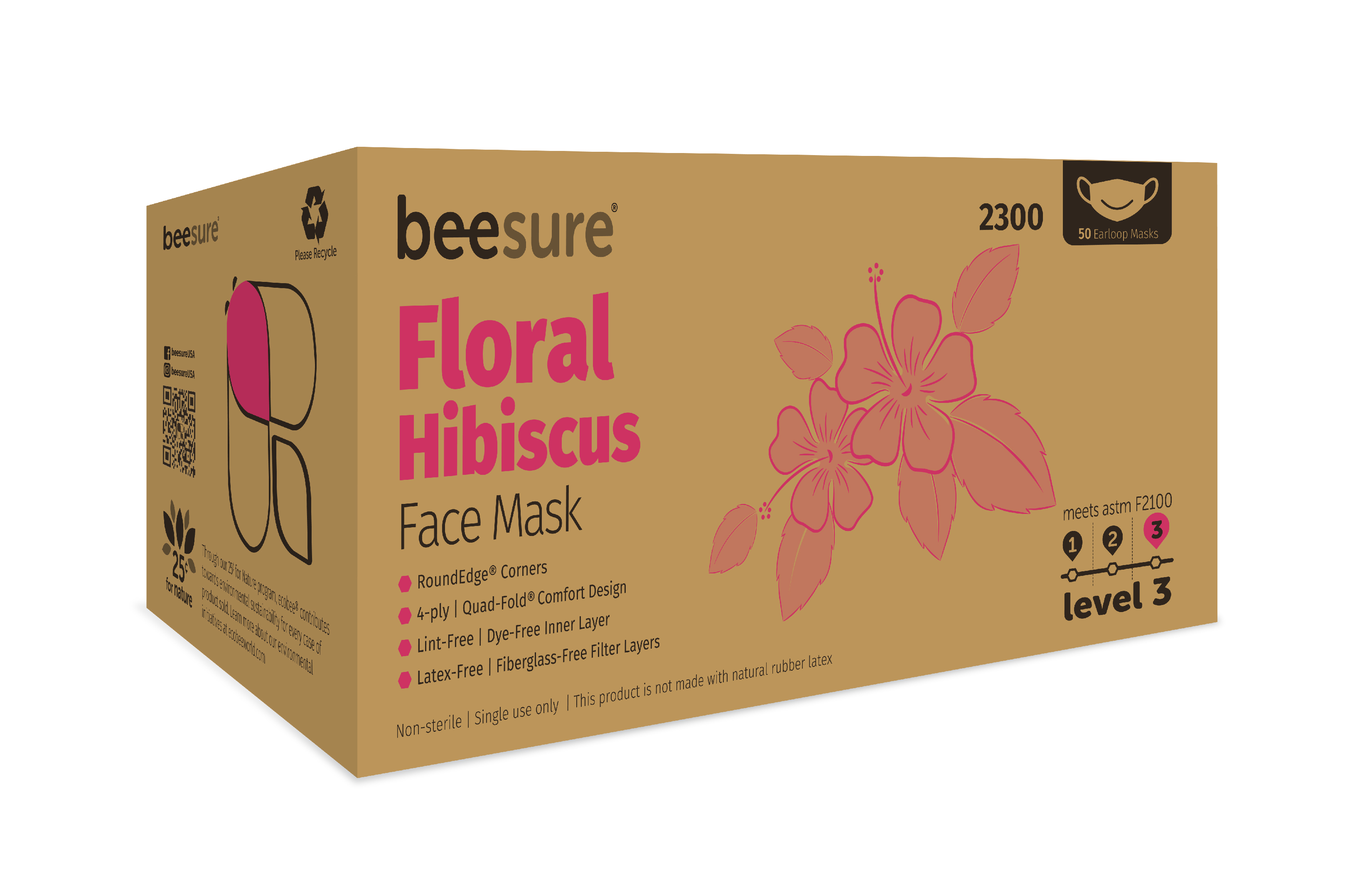 BeeSure Earloop Masks Hibiscus Floral Pink 50/Bx ASTM Level 3, BE2300 thumbnail 13