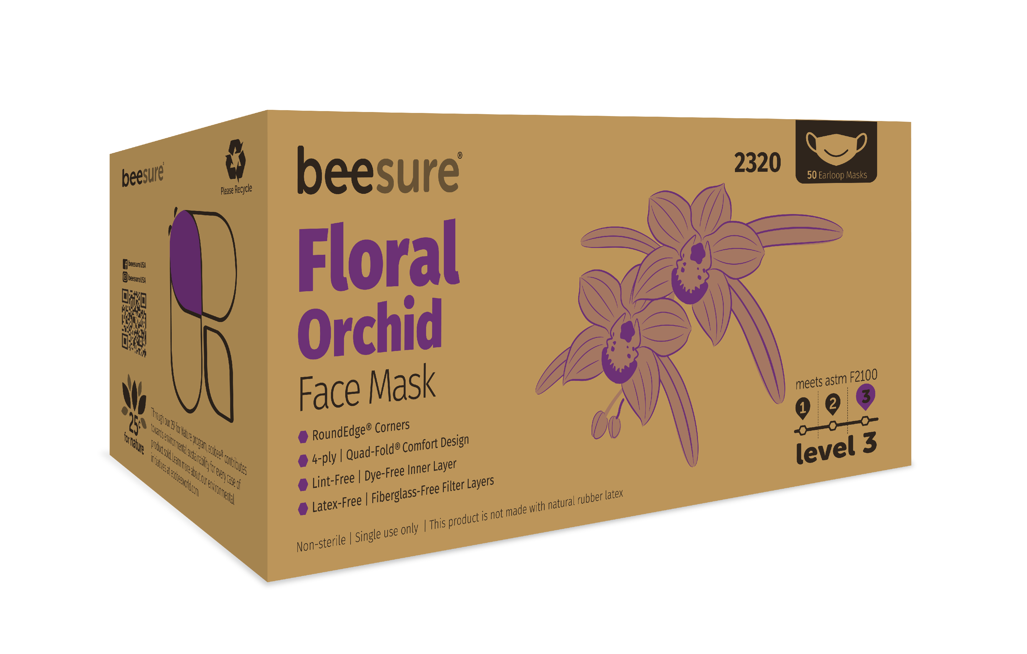 BeeSure Earloop Face Mask, ORCHID Printed Floral Design. 3-ply, 4-fold ear-loop product image