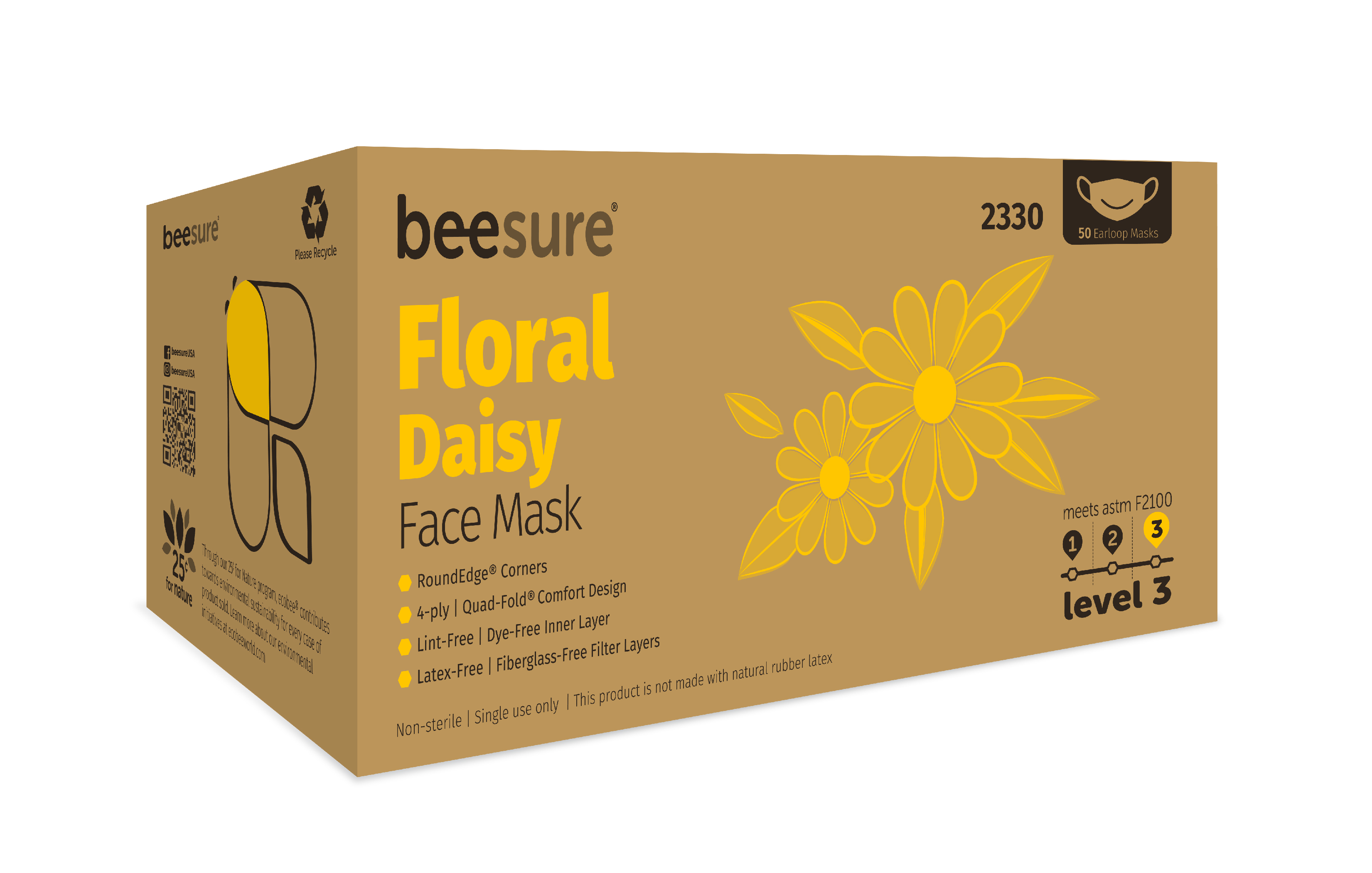 BeeSure Earloop Masks Daisy Floral Yellow 50/Bx ASTM Level 3, 2330 thumbnail 13