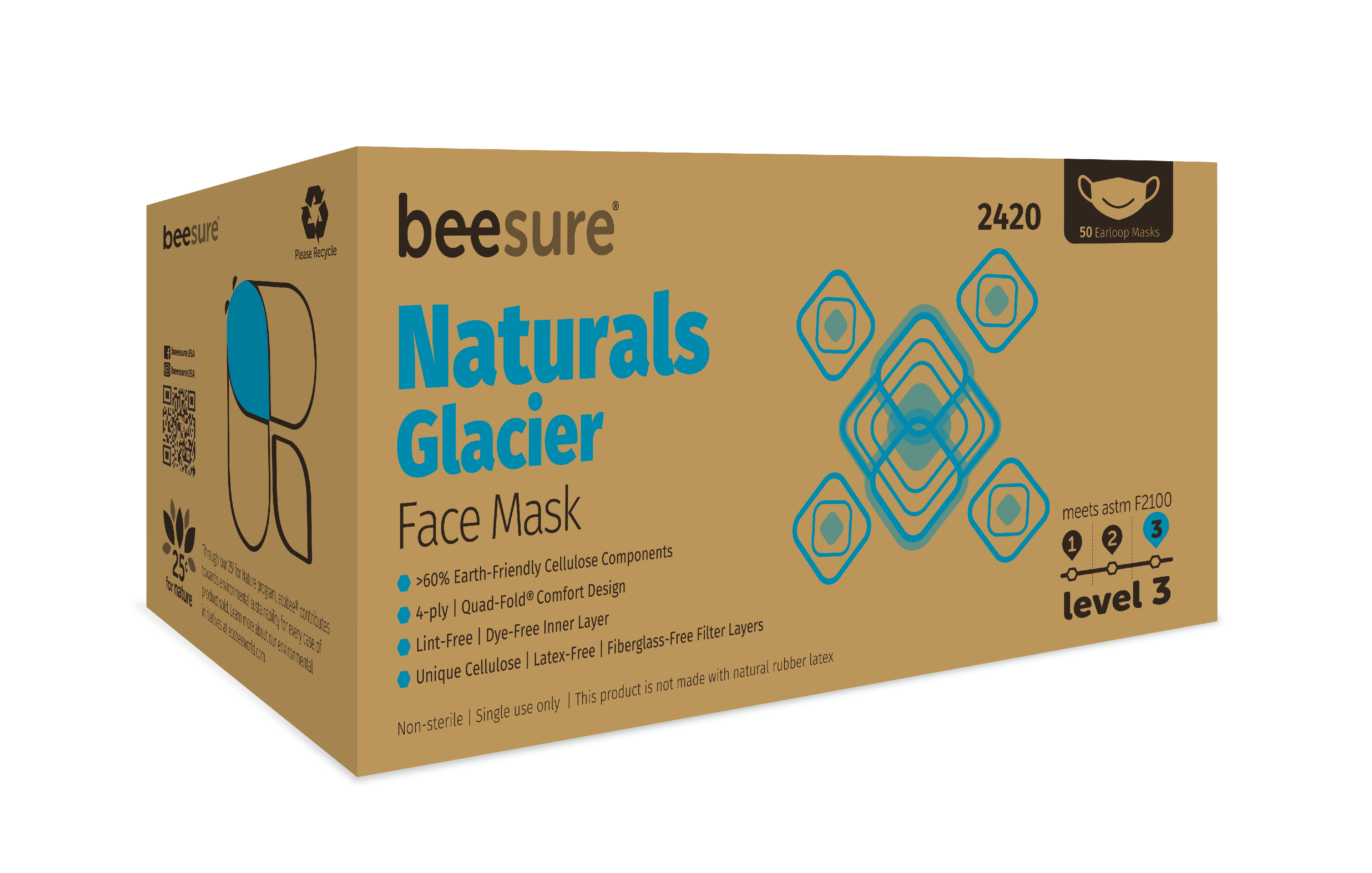 BeeSure Naturals Face Mask ASTM Level 3 White / Blue Adult 50/Bx thumbnail 8