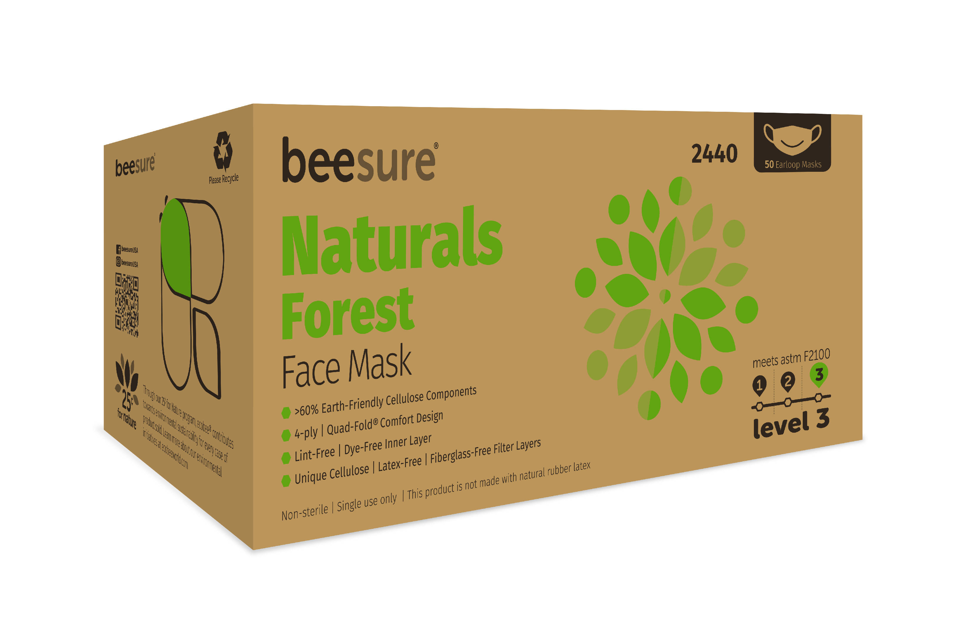 BeeSure Naturals Face Mask ASTM Level 3 Green / White Adult 50/Bx thumbnail 8