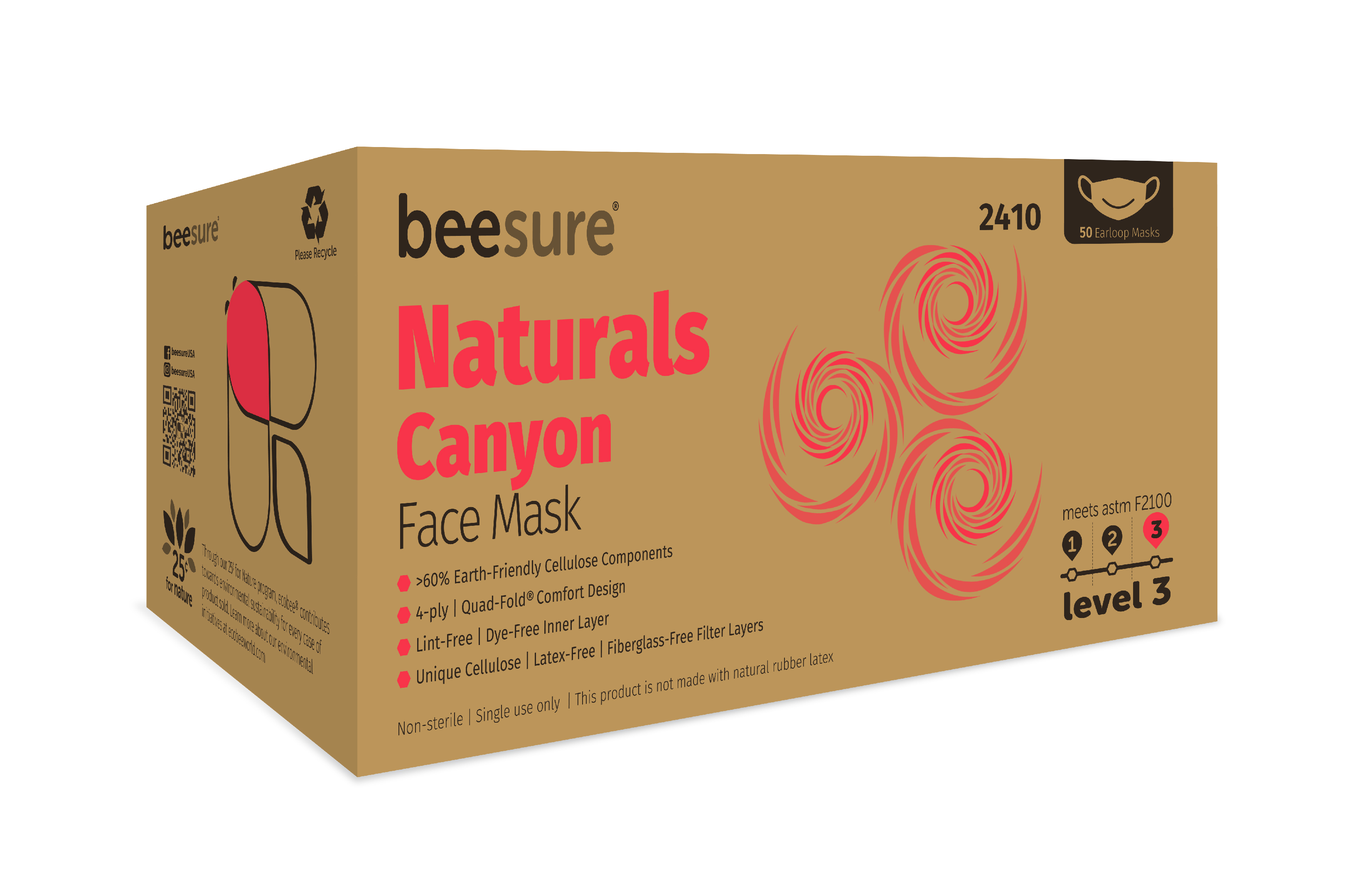 BeeSure Naturals Face Mask ASTM Level 3 White / Red Adult 50/Bx thumbnail 12