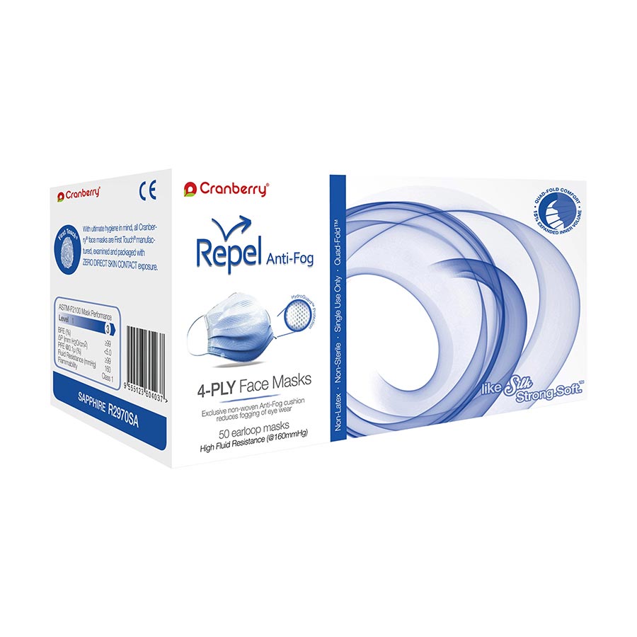 Repel 4-Ply Premium Anti-Fog Face Mask 50/Box Sapphire ASTM Level 3, R2970SA thumbnail 12
