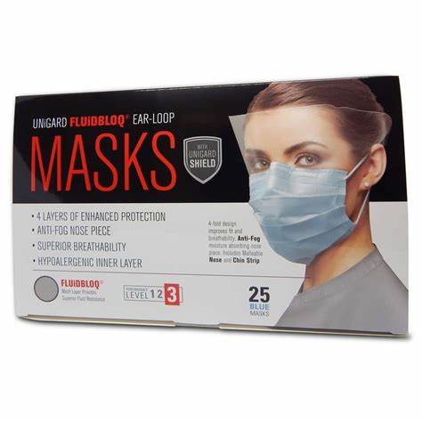 FLUIDBLOQ Anti-Fog Earloop Mask with 1/2 Face-Shield ASTM3 25/Box ULM-6391 product image