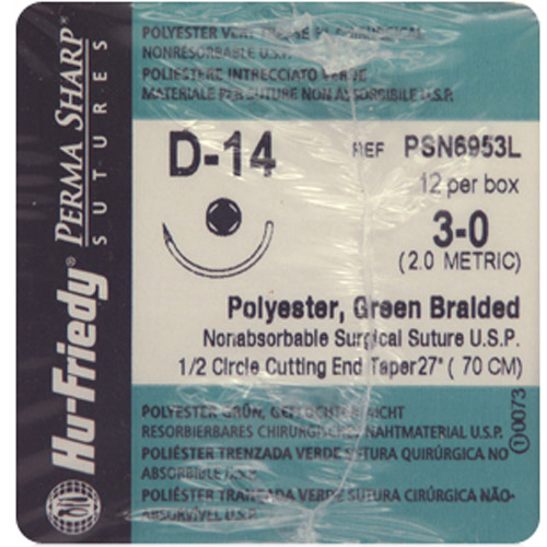 #3-0 Green Polyester Suture 27" D-14 Needle 17.5mm Box of 12 product image