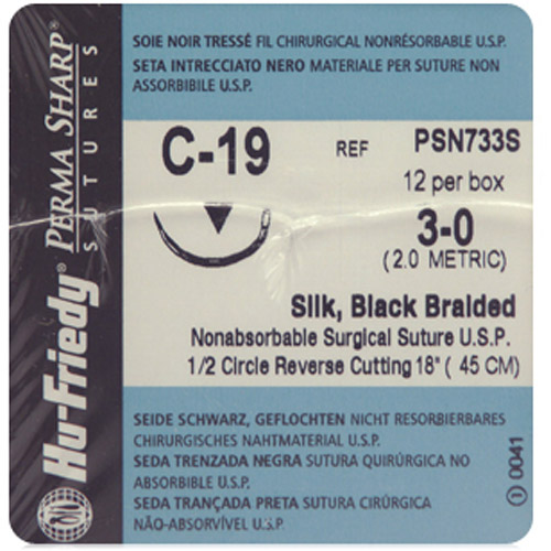 #3-0 Black Silk Suture 18" C-19 Needle 18.3mm Box of 12 - #3-0 Black Silk Suture 18" C-19 Needle 18.3mm Box of 12 - Image 1