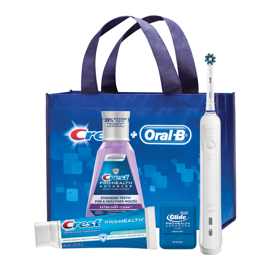 P&G - Oral-B PRO 1000 Electric Toothbrush; Crest PRO-HEALTH Clean Mint Toothpaste (4.3 oz); Crest PRO-HEALTH Advanced Enamel Care Mouthwash (500 mL); Oral-B Glide PRO-HEALTH Deep Clean Floss, 15M; Reusable Tote Bag. Brush head refills include: CrossAction. thumbnail 2